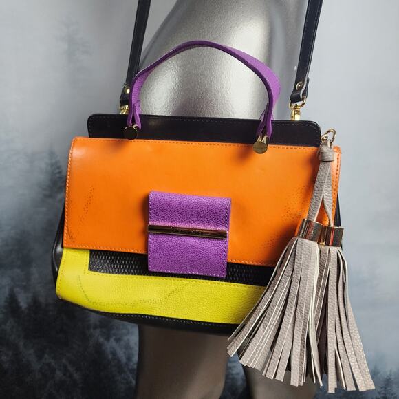 Braccialini Retro Color Block Italian Leather Top Handle Bag Crossbody - Picture 1 of 13